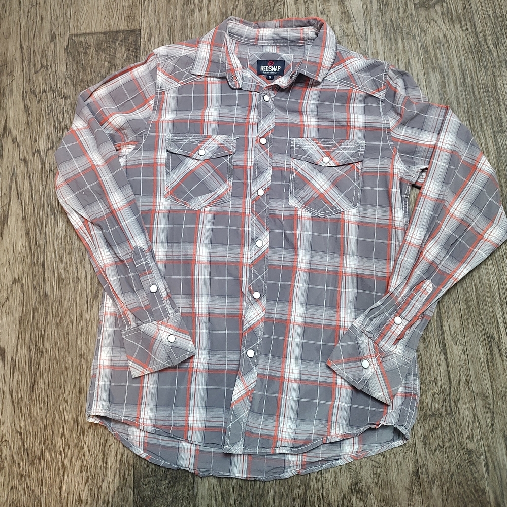 Red Snap gray and orange plaid pearl snap button up Shirt long sleeve Size S